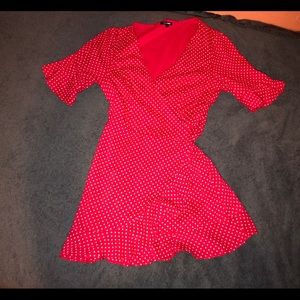 Red polka dot wrap dress